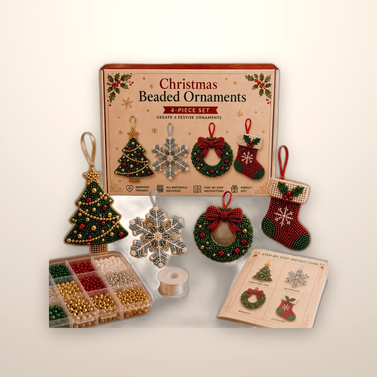 Christmas bead kit for making four beaded ornaments