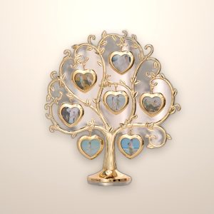 Metal family tree photo stand holding small pictures
