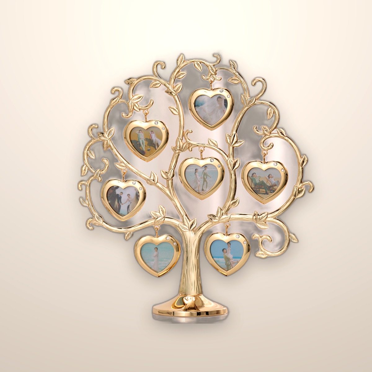 Metal family tree photo stand holding small pictures