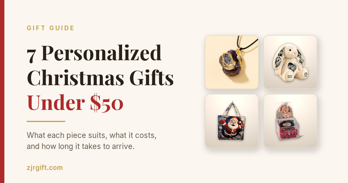 Four personalized Christmas gifts under $50 — a raw crystal pendant on a cord, a photo bunny plush, a quilted Santa tote and a photo music box.