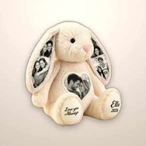 Personalized plush bunny holding a heart with a photo