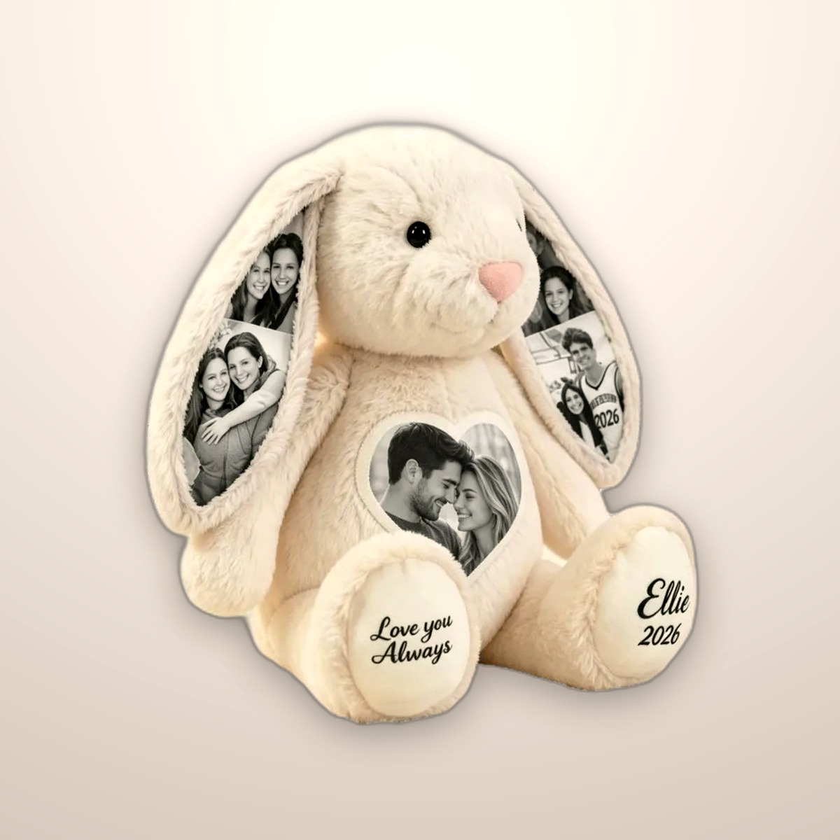 Personalized plush bunny holding a heart with a photo